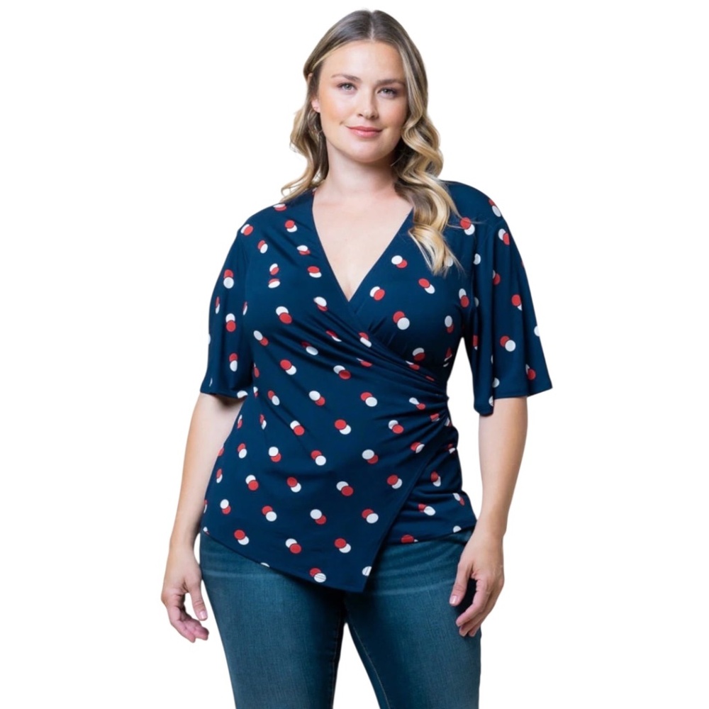 NWT Kiyonna Plus Navy Dot Duo Stella Faux Wrap Top Size 1 (14/16)